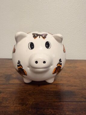 White Ceramic Piggy Bank with Orange Butterfly Motif